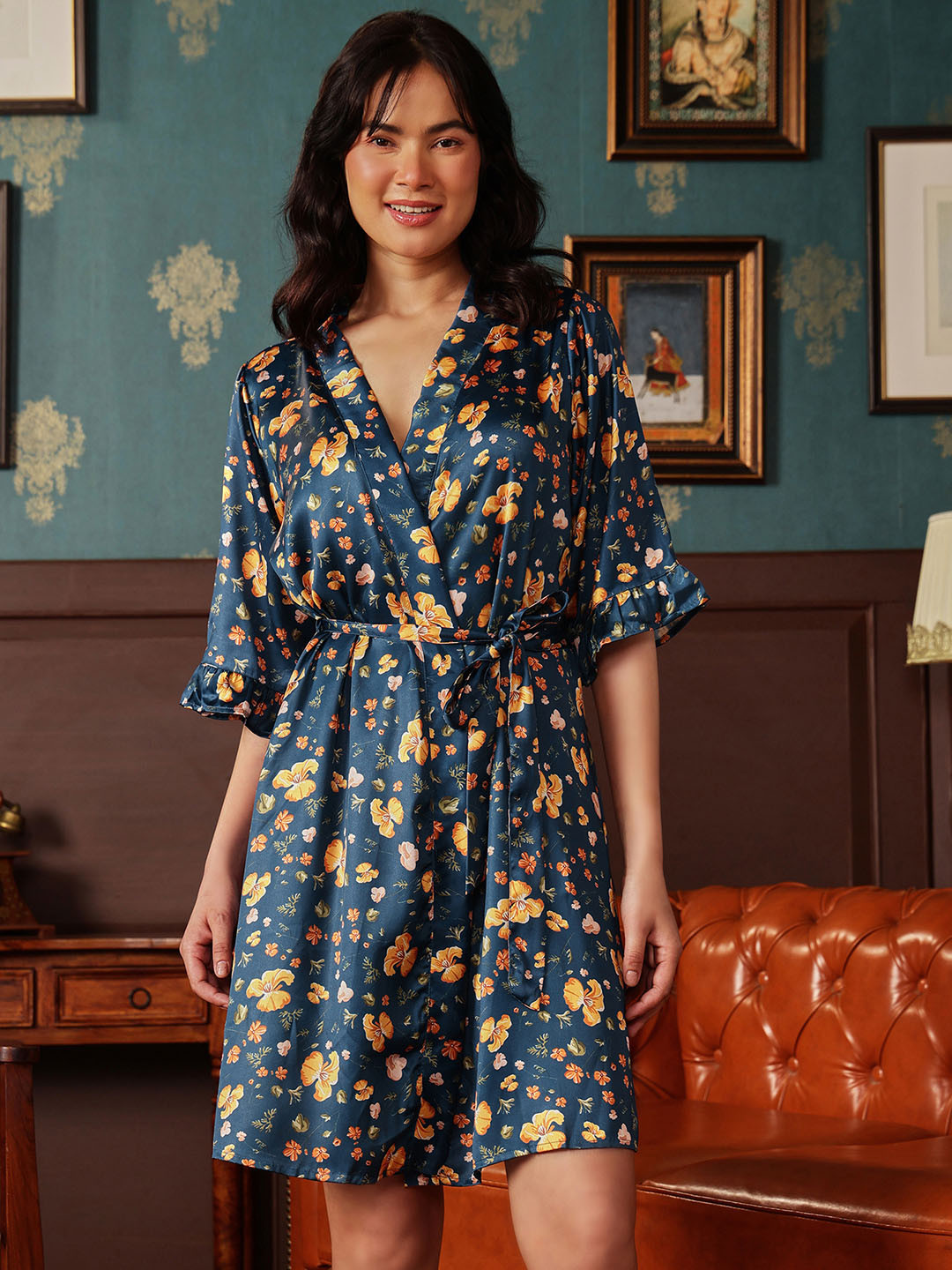 Clovia Blue Floral Printed Satin Robe With Belt