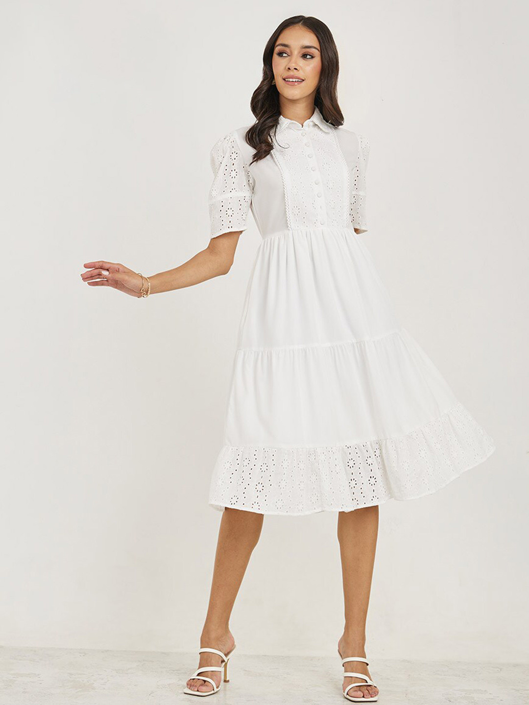 Styli Women Schiffli Panel Yoke A-Line Midi Dress