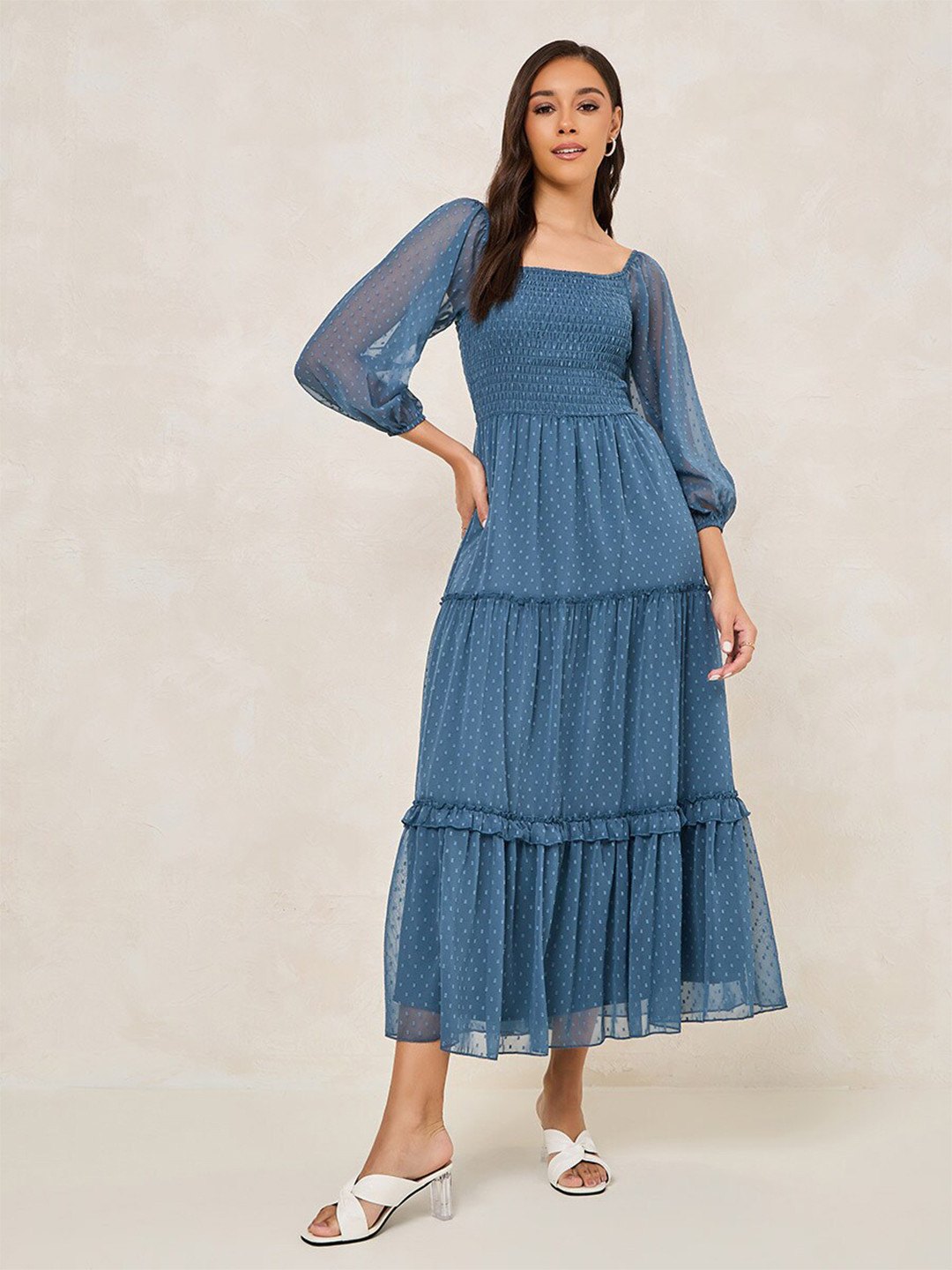 Styli Women Dobby Square Neck Tiered Maxi Dress