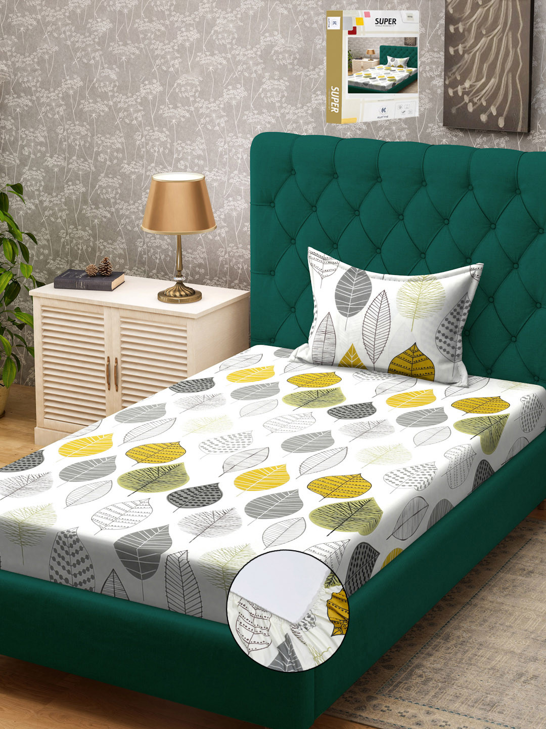 KLOTTHE White & Yellow Floral Printed 300 TC Single Bed Fitted Bedsheet & Pillow Cover
