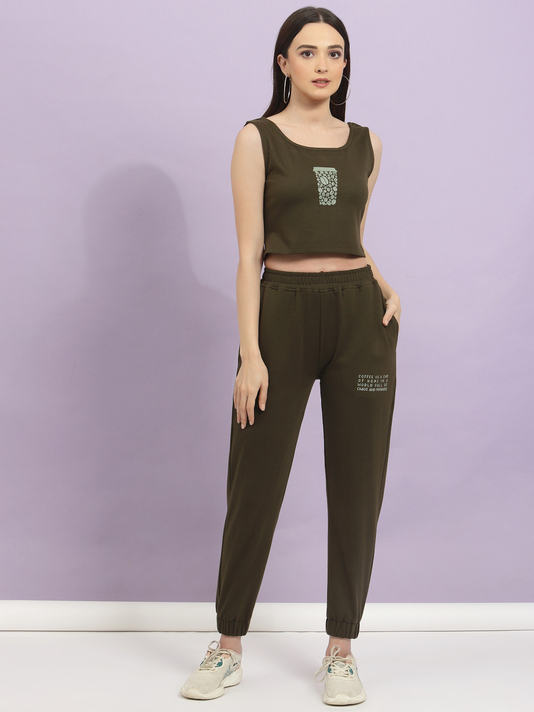Rigo Printed Round Neck Top With Flared Joggers Co-Ords Set