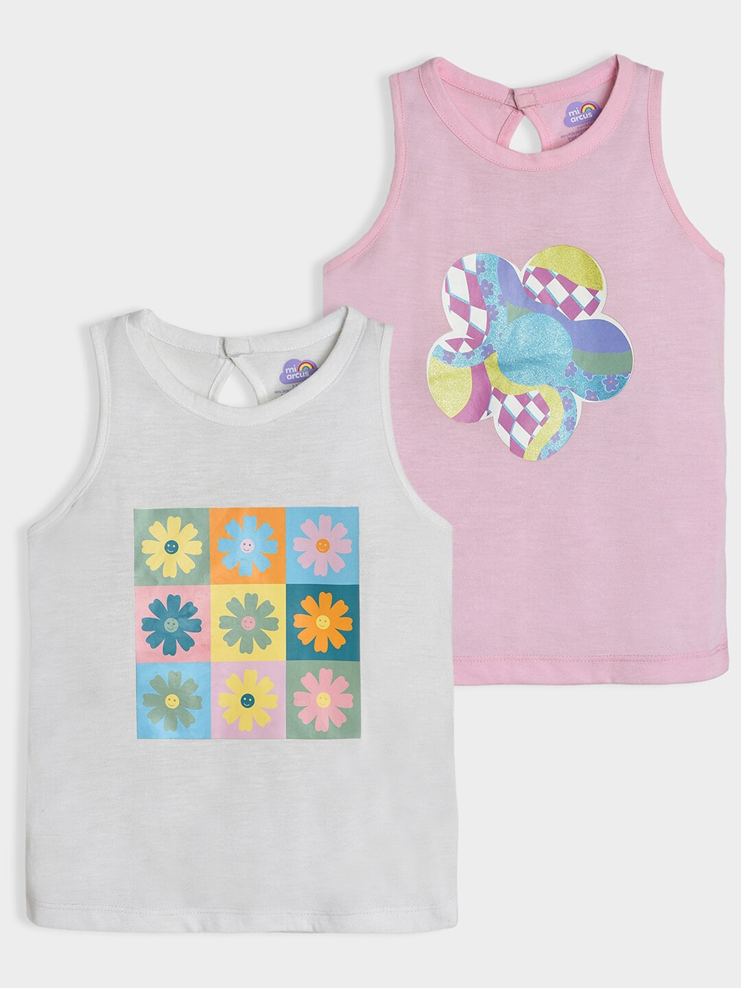 MiArcus Girls Set of 2 Printed Applique Sleeveless T-shirt