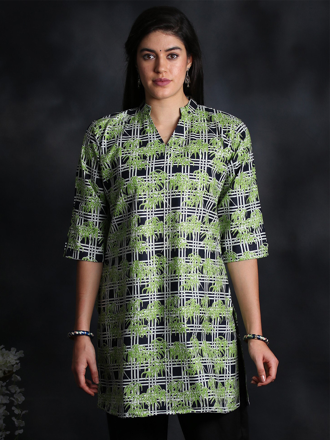 Exotic India Caviar Black Bamboo Leaf Digital Print Cotton Kurti with Quarter Sleeve