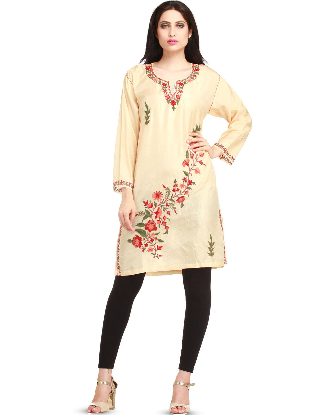 Exotic India Almond Oil Pure Silk Kashmiri Kurti with Aari-Embroidery by Hand