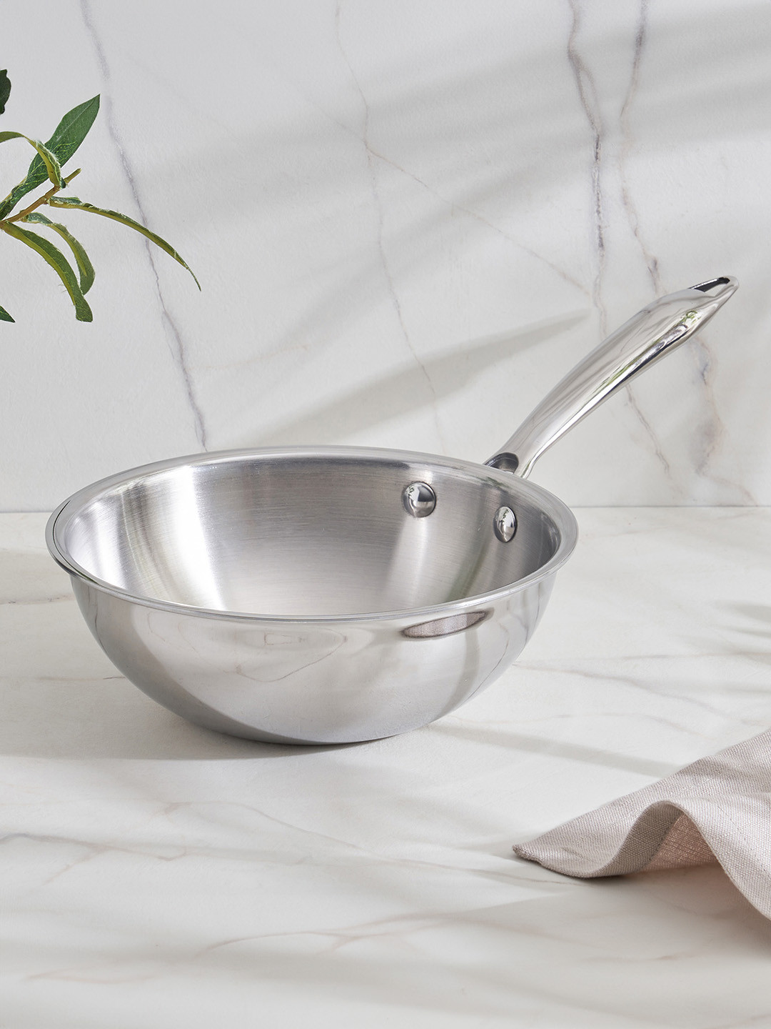 Home Centre Valeria Carin Silver Toned Triply Stainless Steel Mini Wok 1.3L