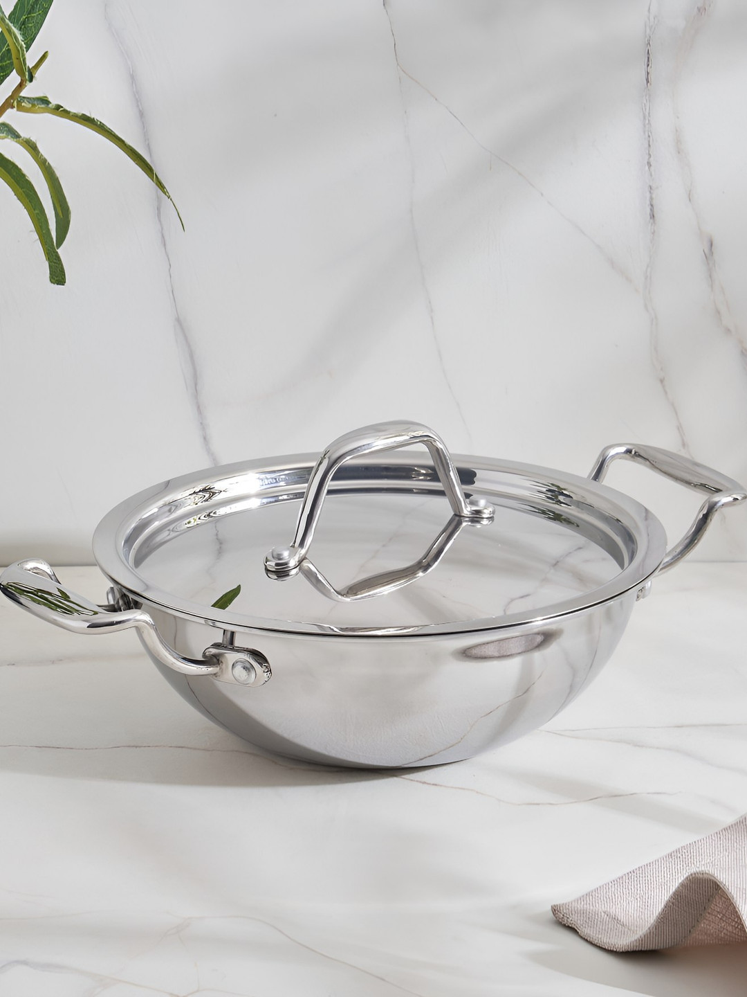 Home Centre Valeria Carin Silver Toned  Stainless Steel Kadhai With Lid