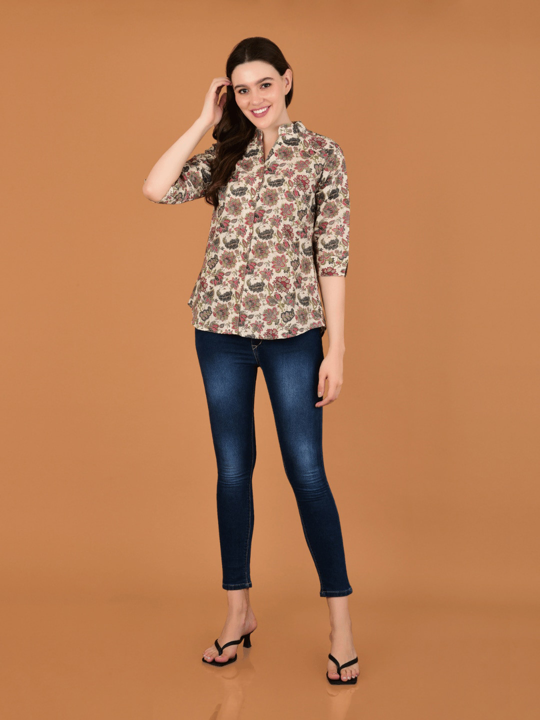 Boholyfe Floral Printed Mandarin Collar Curved Cotton Casual Shirt