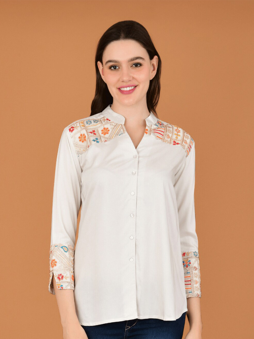 Boholyfe Floral Embroidered Mandarin Collar Curved Casual Shirt