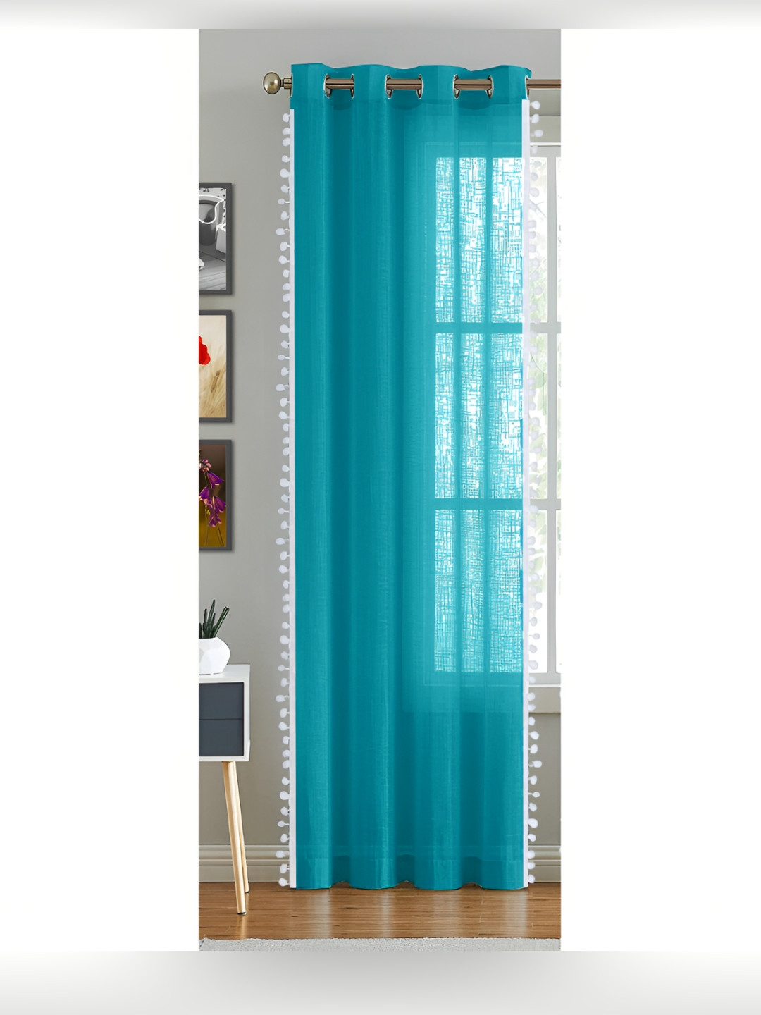 HOMEMONDE Blue & White Cotton Eyelet Sheer Long Door Curtain