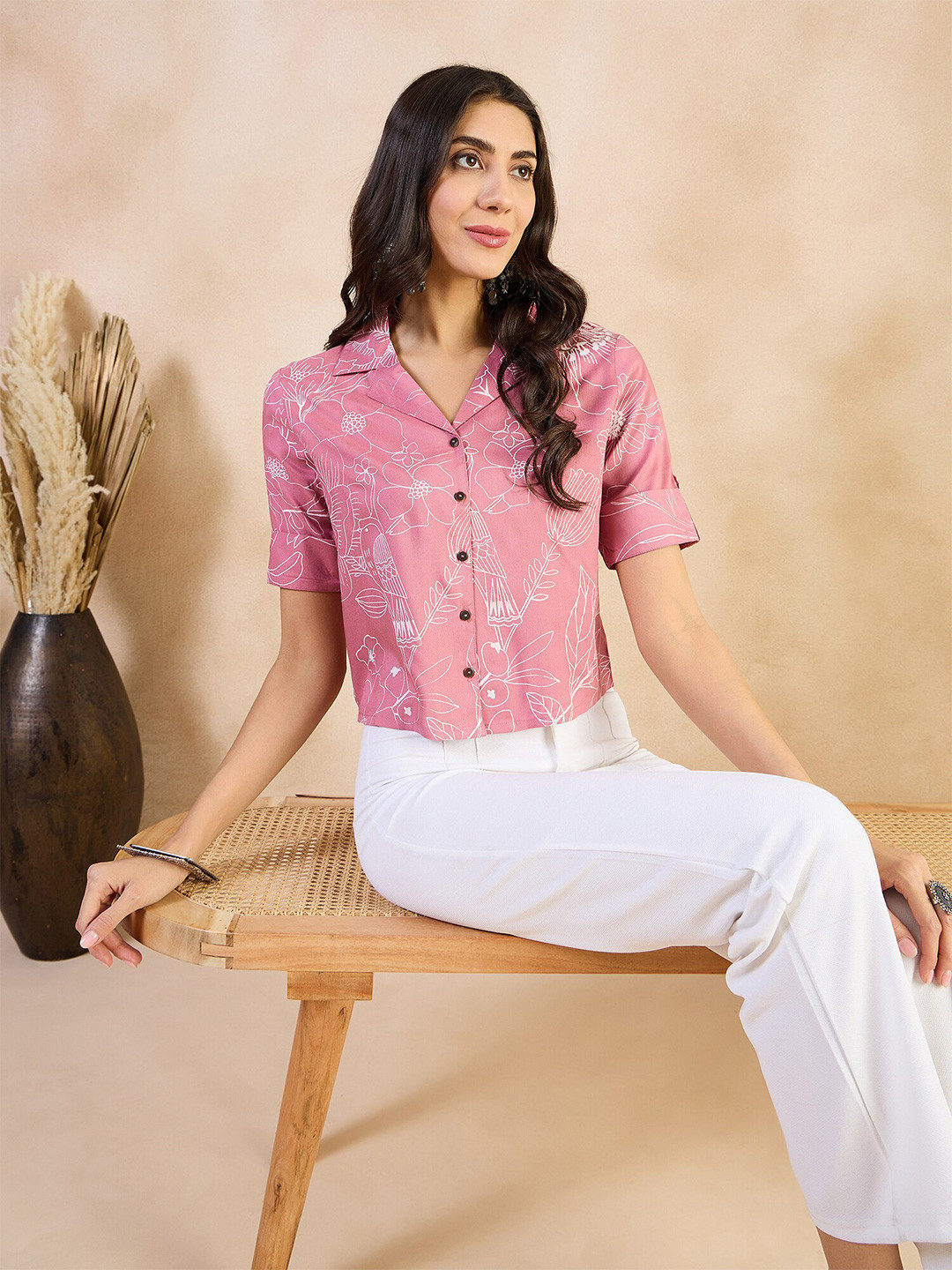 Anouk Print  Rayon Printed Roll-Up Sleeves Shirt Style Top