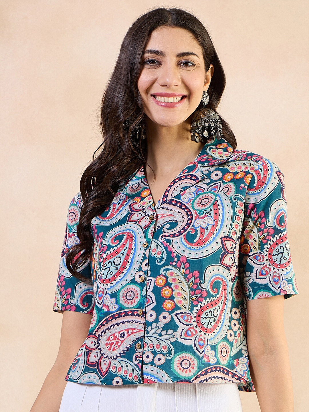 Anouk Cotton Multi Printed Roll-Up Sleeves Shirt Style Top
