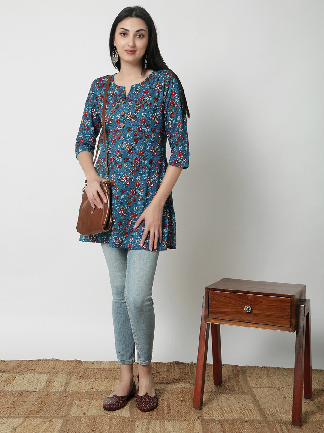 JANAKDULARI CREATION Floral Print Roll-Up Sleeves Cotton Top