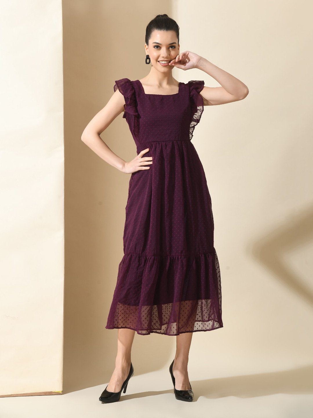 BAESD Abstract Self Design Square Neck Flutter Sleeve Georgette A-Line Midi Dress
