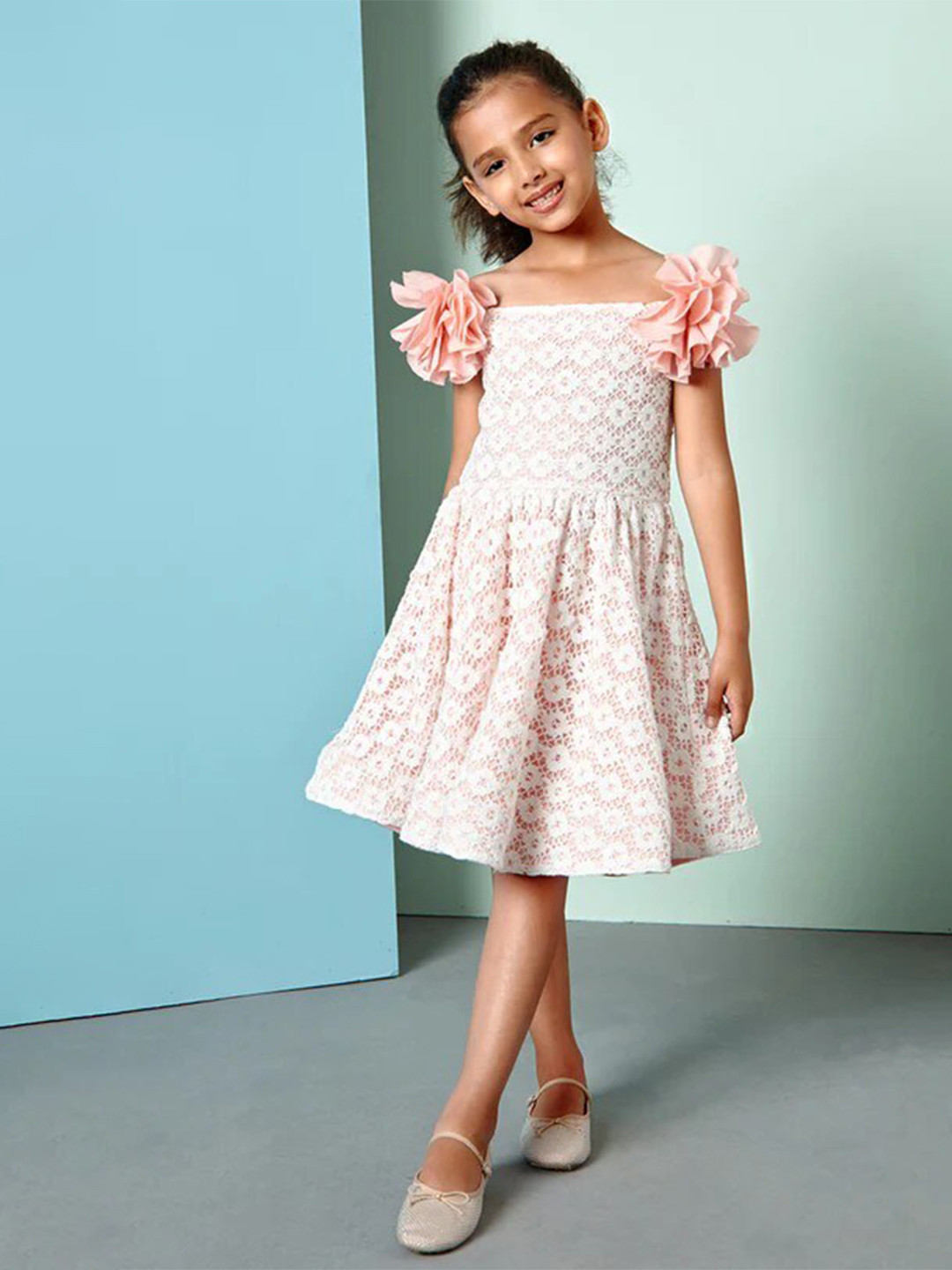 PNK Isha Girls Self Design Shoulder Straps Lace Crochet Fit & Flare Dress