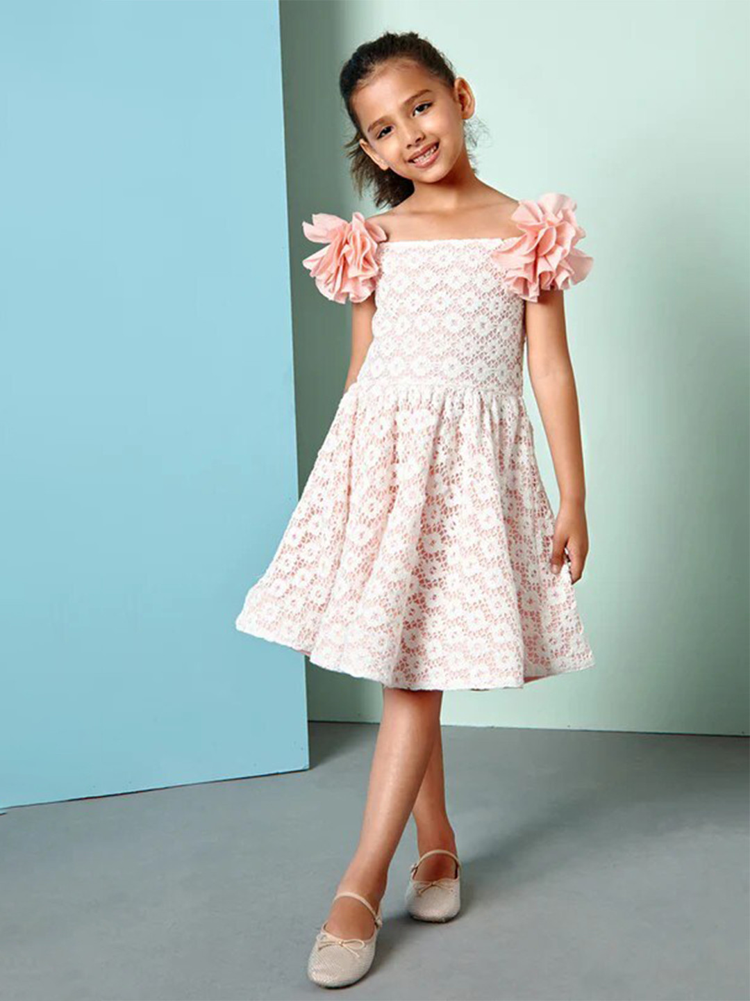 PNK Isha Arora Girls Self Design Shoulder Straps Lace Crochet Fit & Flare Dress