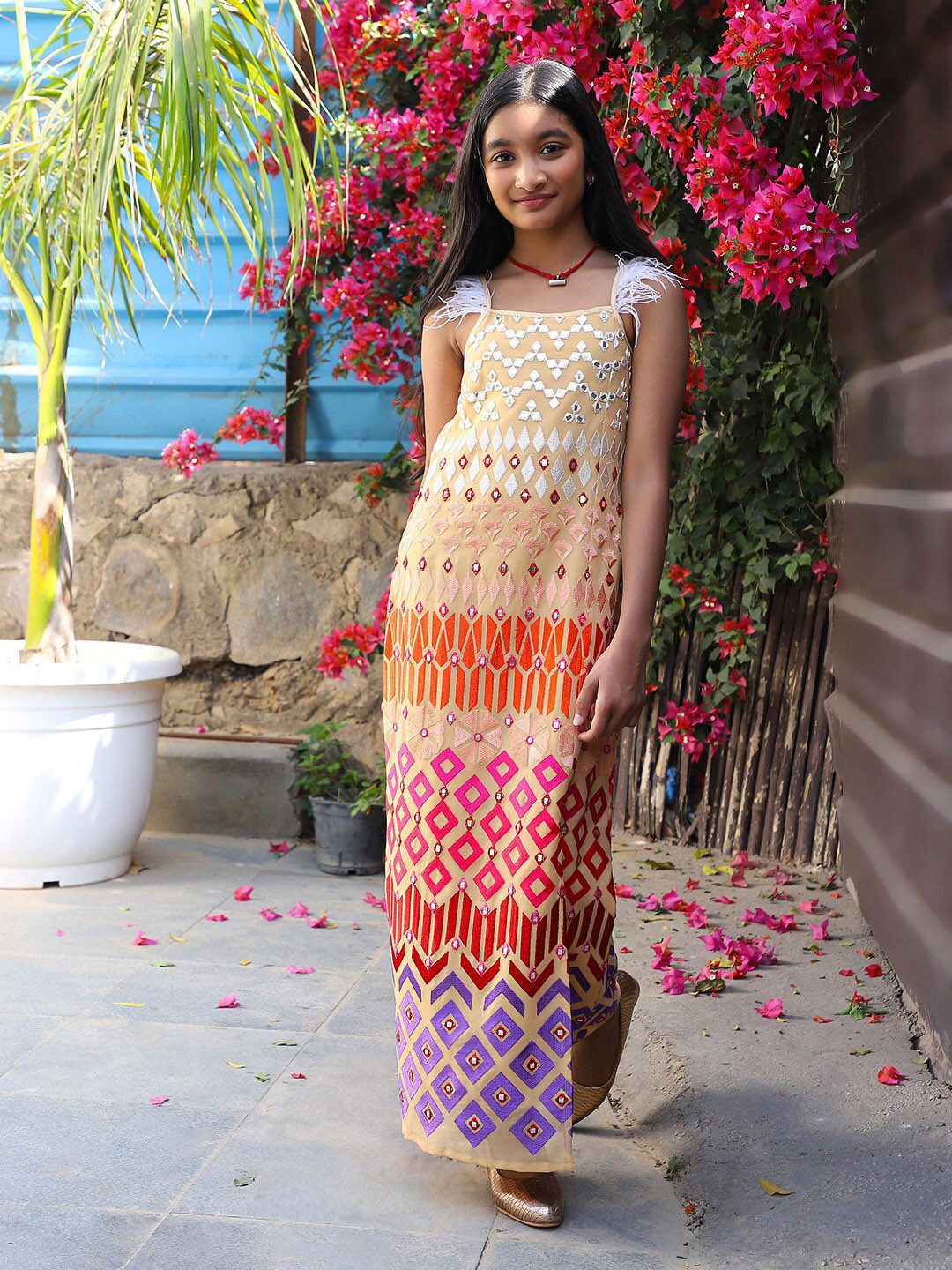 Aks Girls Geometric Print Square Neck Embroidered Georgette A-Line Dress