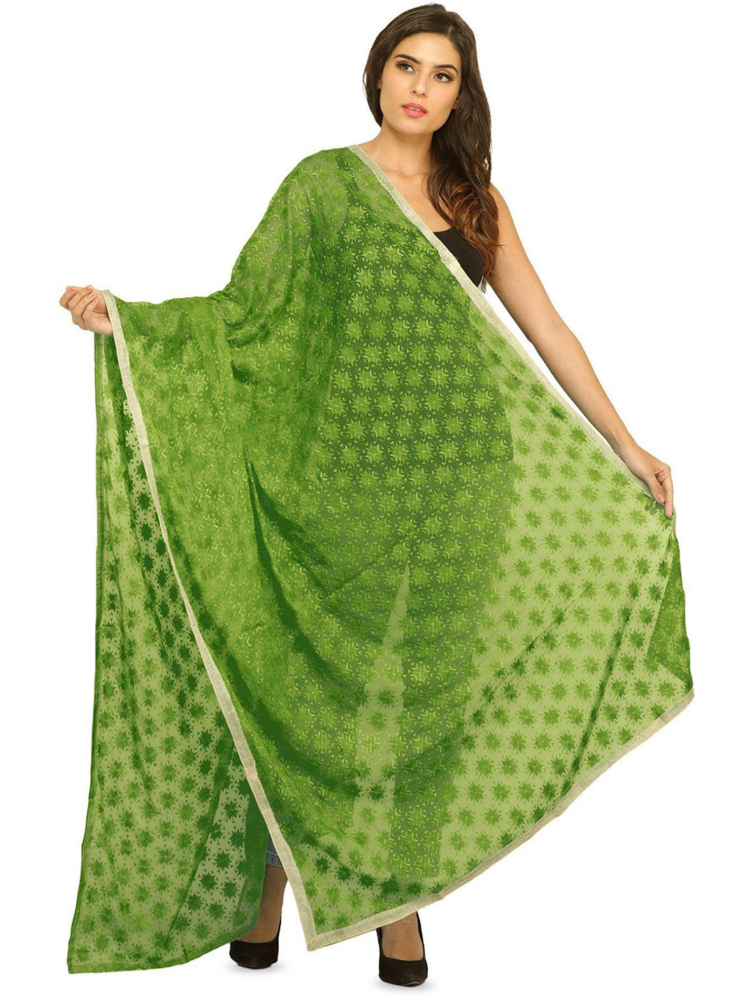 Exotic India Cactus Green Phulkari Dupatta with Embroidered Bootis in Self-color Thread