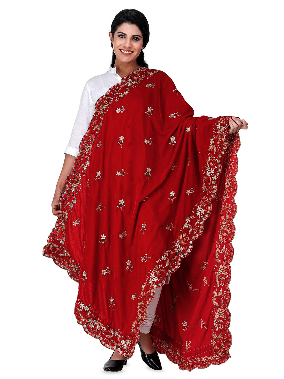Exotic India Garnet Velvet Dupatta with Embroidered Flowers and Sequins