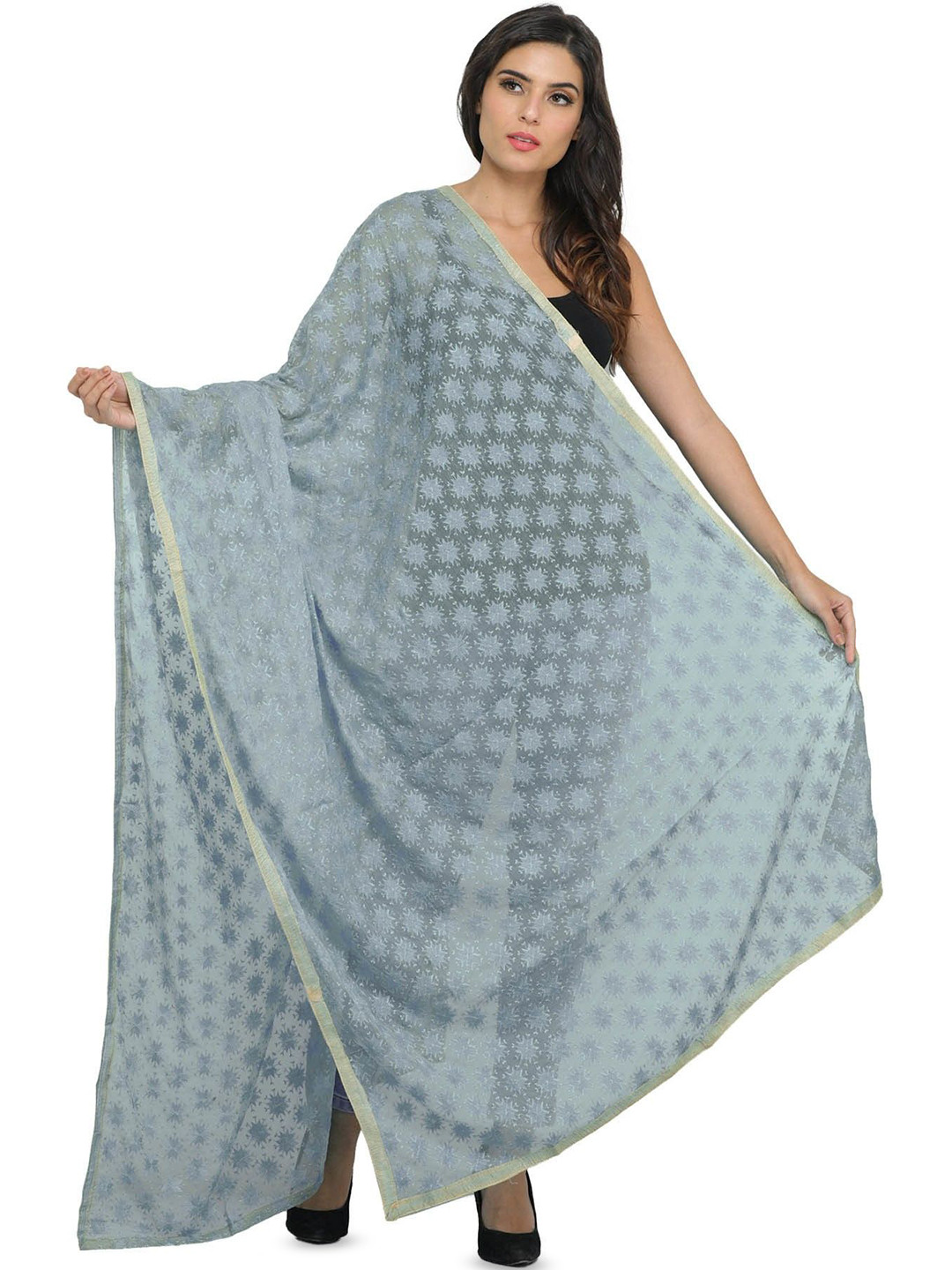 Exotic India Neutral Gray Phulkari Dupatta with Embroidered Bootis in Self-color Thread