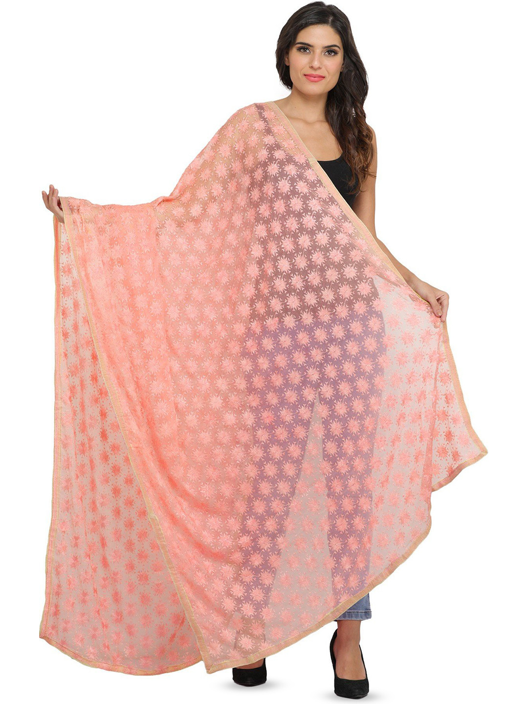 Exotic India Peach Amber Phulkari Dupatta with Embroidered Bootis in Self-color Thread