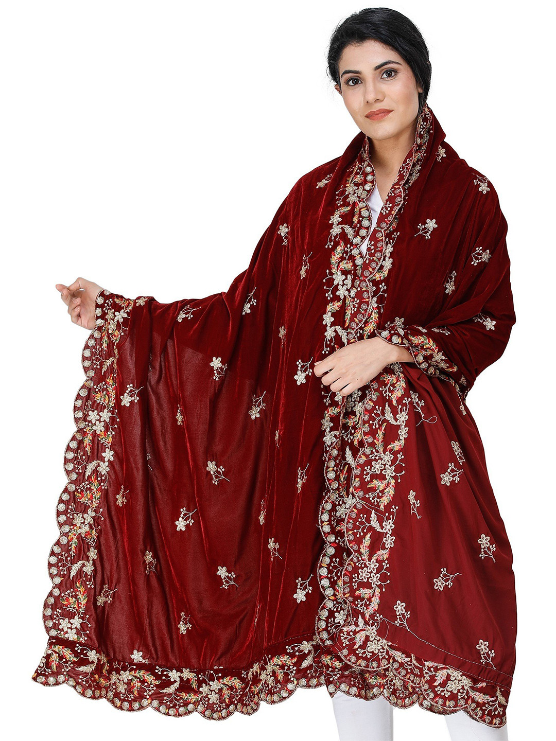 Exotic India Oxblood Red Velvet Dupatta with Embroidered Flowers and Sequins