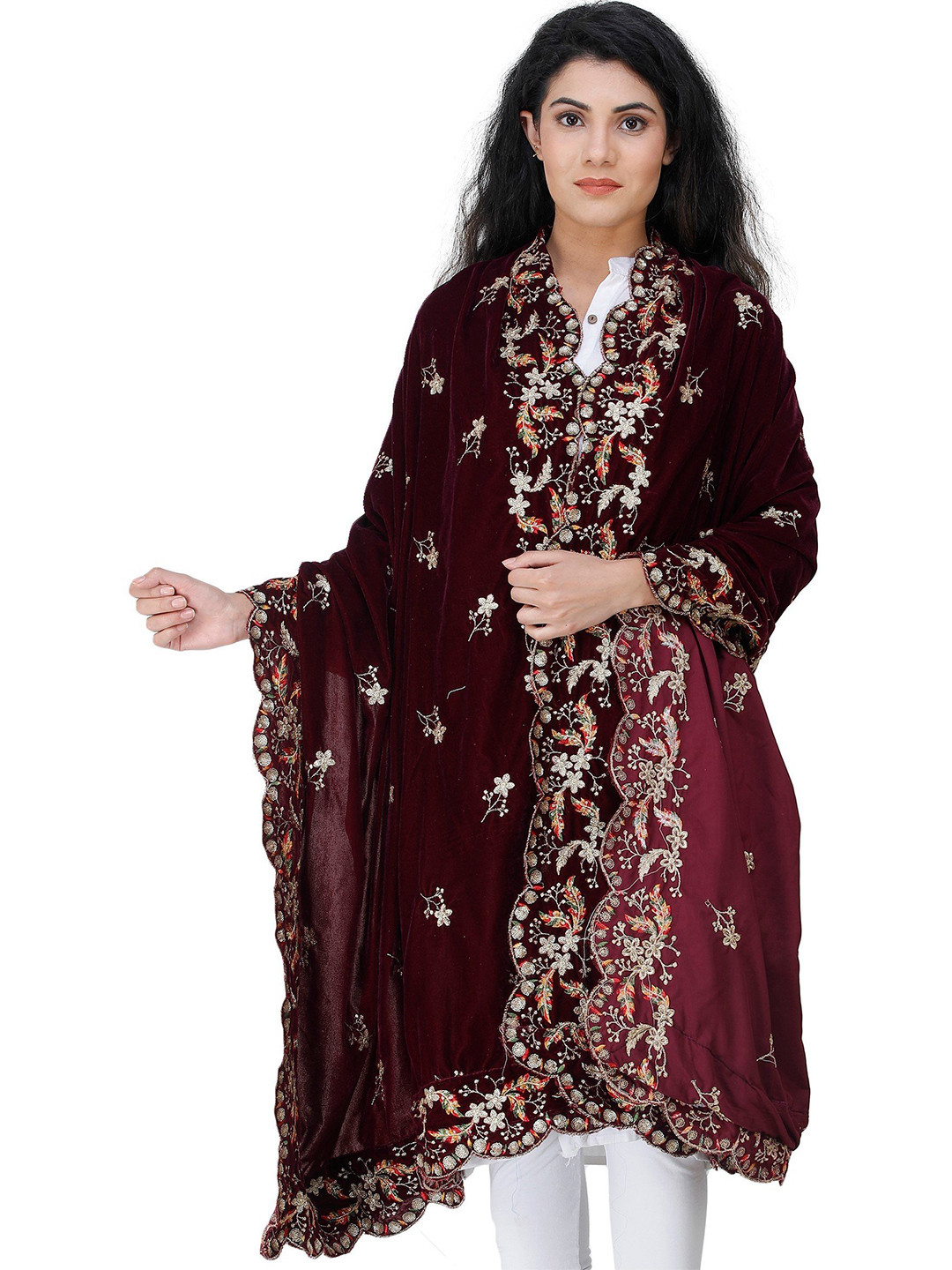 Exotic India Tibetan Red Velvet Dupatta with Embroidered Flowers and Sequins