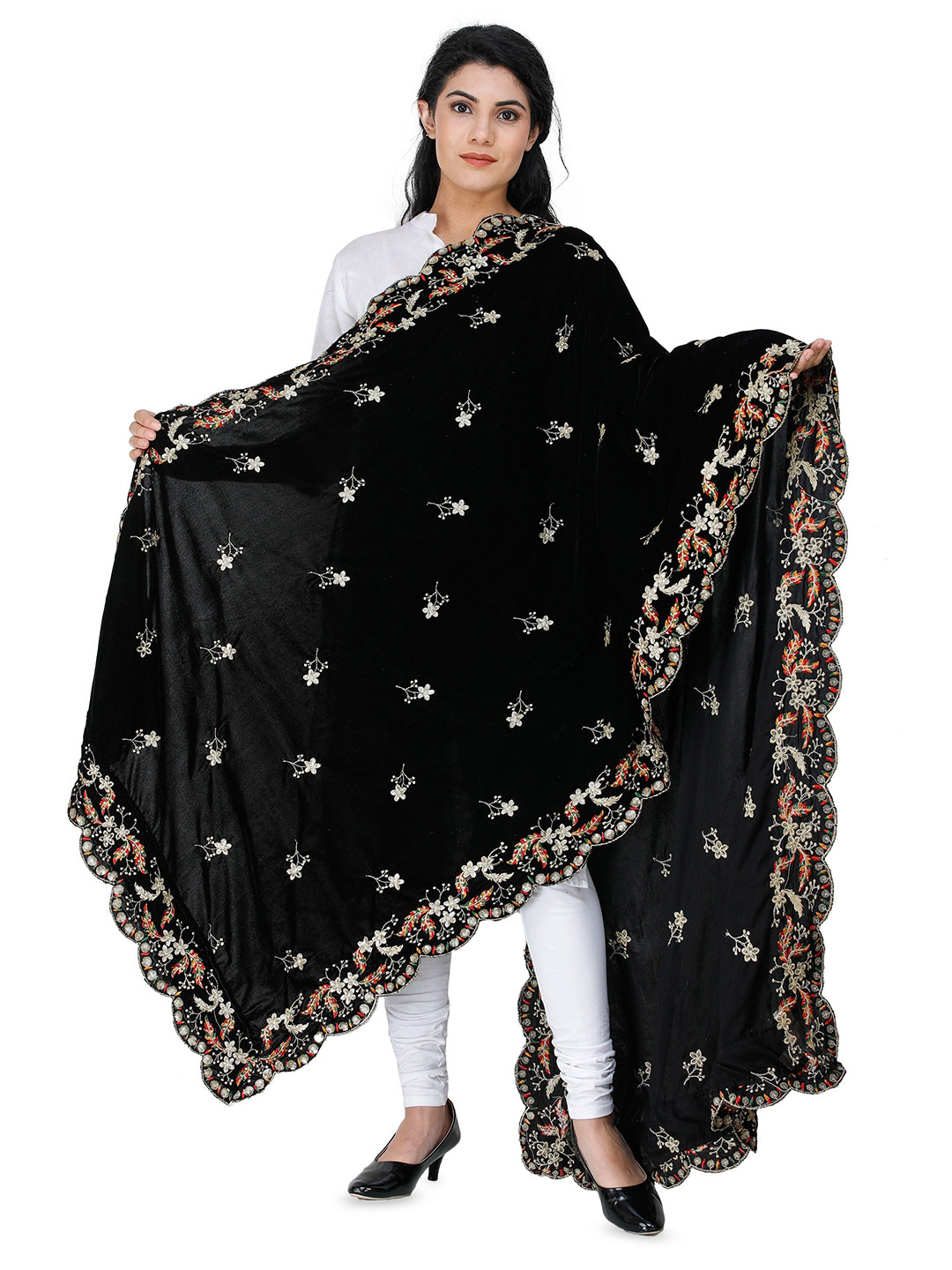 Exotic India Black Velvet Dupatta with Embroidered Flowers and Sequins