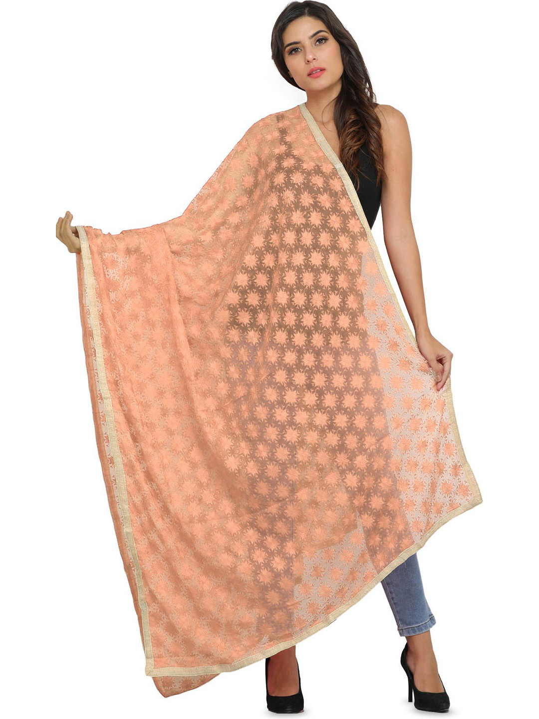 Exotic India Peach Nectar Phulkari Dupatta with Embroidered Bootis in Self-color Thread