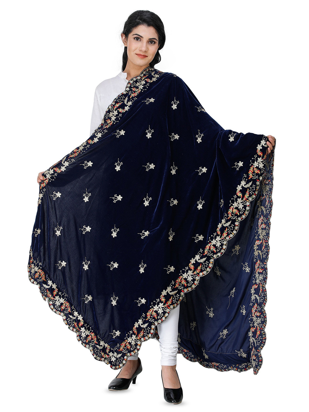 Exotic India Gray Stone Velvet Dupatta with Embroidered Flowers and Sequins