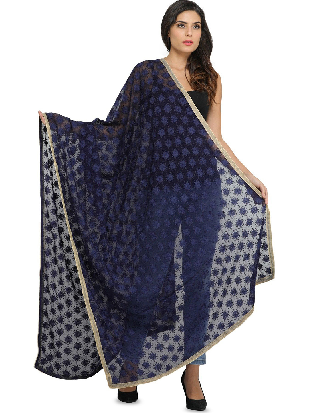 Exotic India Patriot Blue Phulkari Dupatta with Embroidered Bootis in Self-color Thread