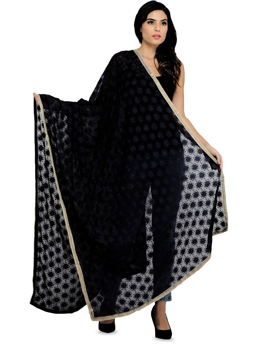 Exotic India Caviar Black Phulkari Dupatta with Embroidered Bootis in Self-color Thread