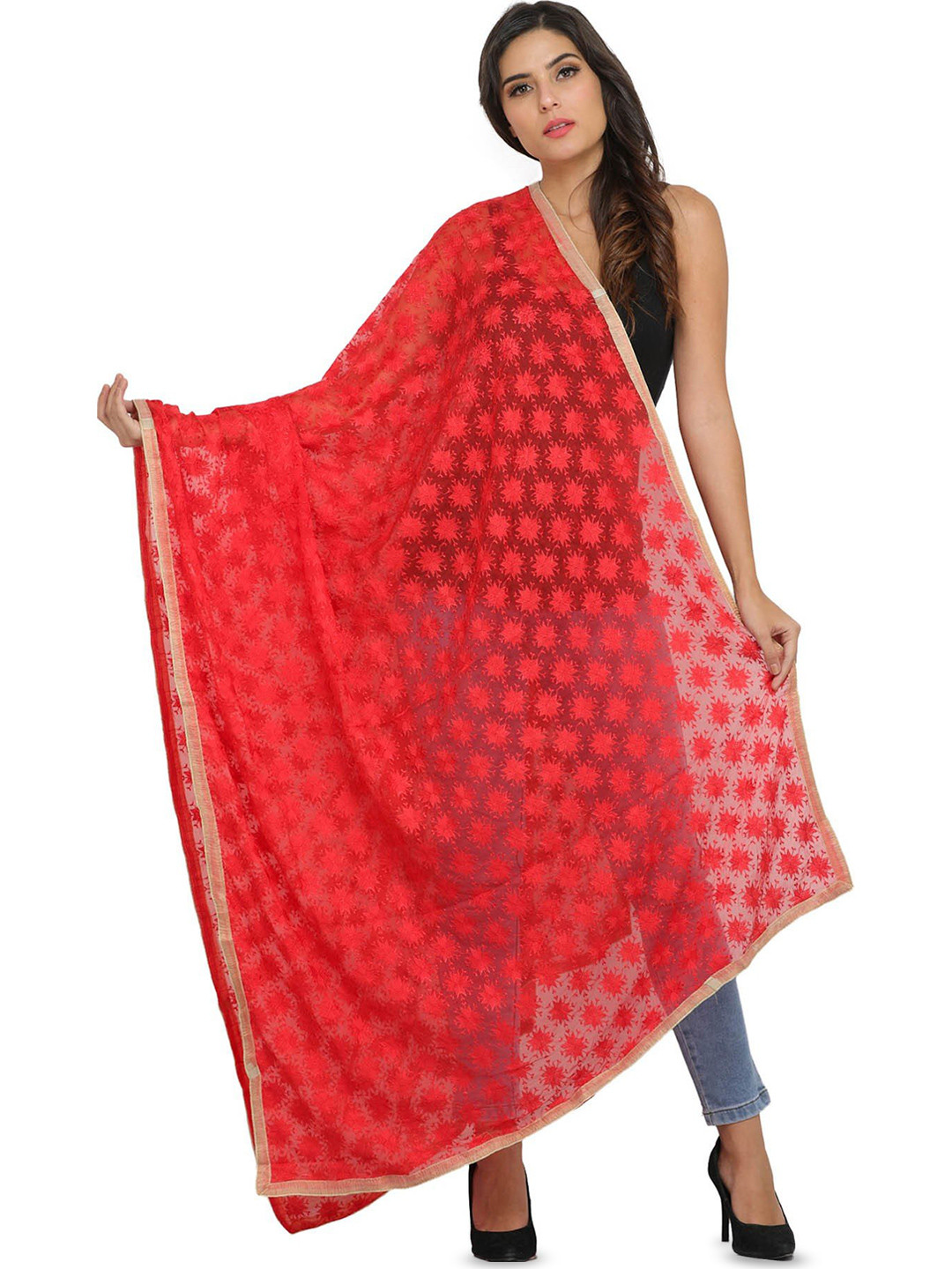 Exotic India Cayenne Red Phulkari Dupatta with Embroidered Bootis in Self-color Thread