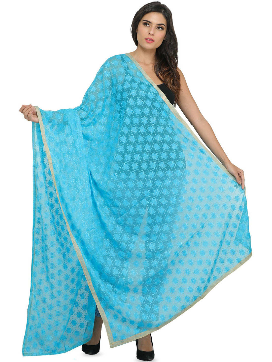 Exotic India Blue Atoll Phulkari Dupatta with Embroidered Bootis in Self-color Thread