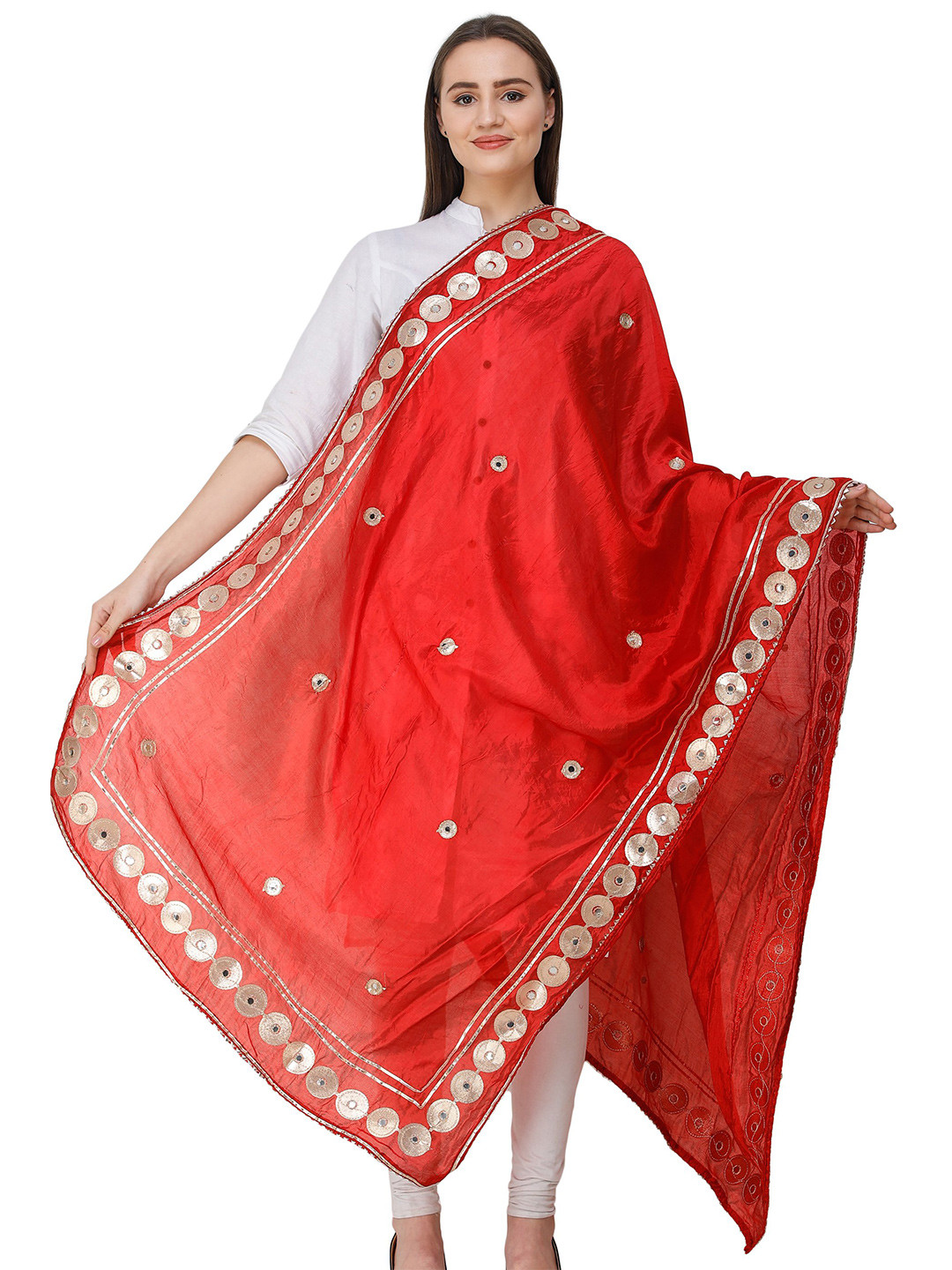 Exotic India Rococco Red Art Silk Dupatta and Embellished with Patch Border