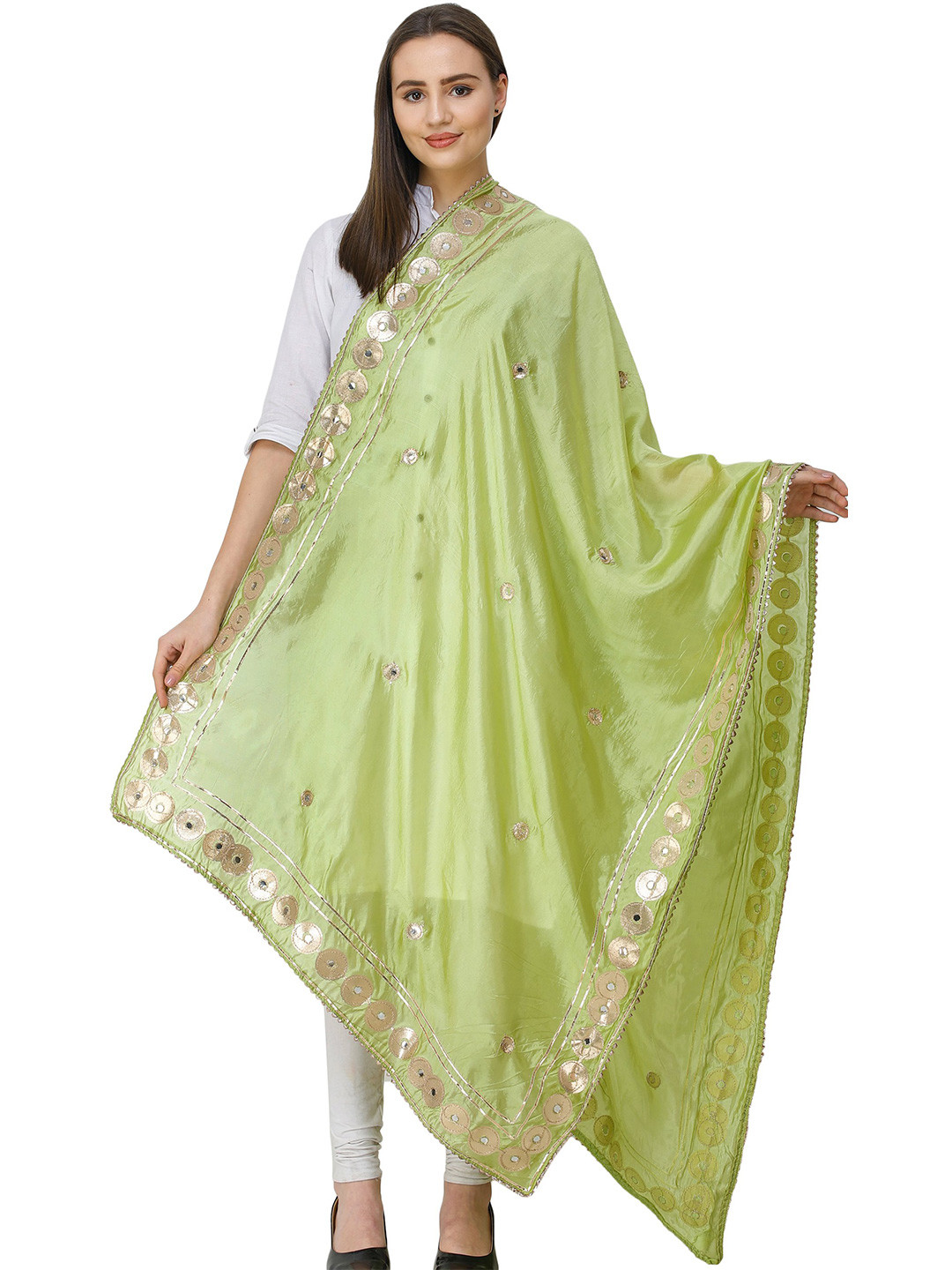 Exotic India Greenery Art Silk Dupatta and Embellished with Patch Border