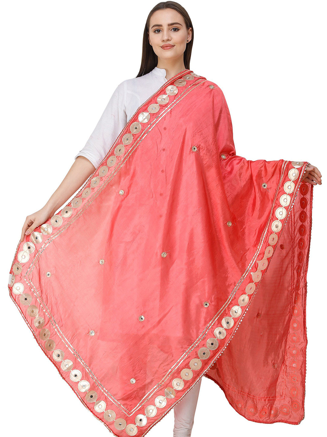 Exotic India Paradise Pink Art Silk Dupatta and Embellished with Patch Border