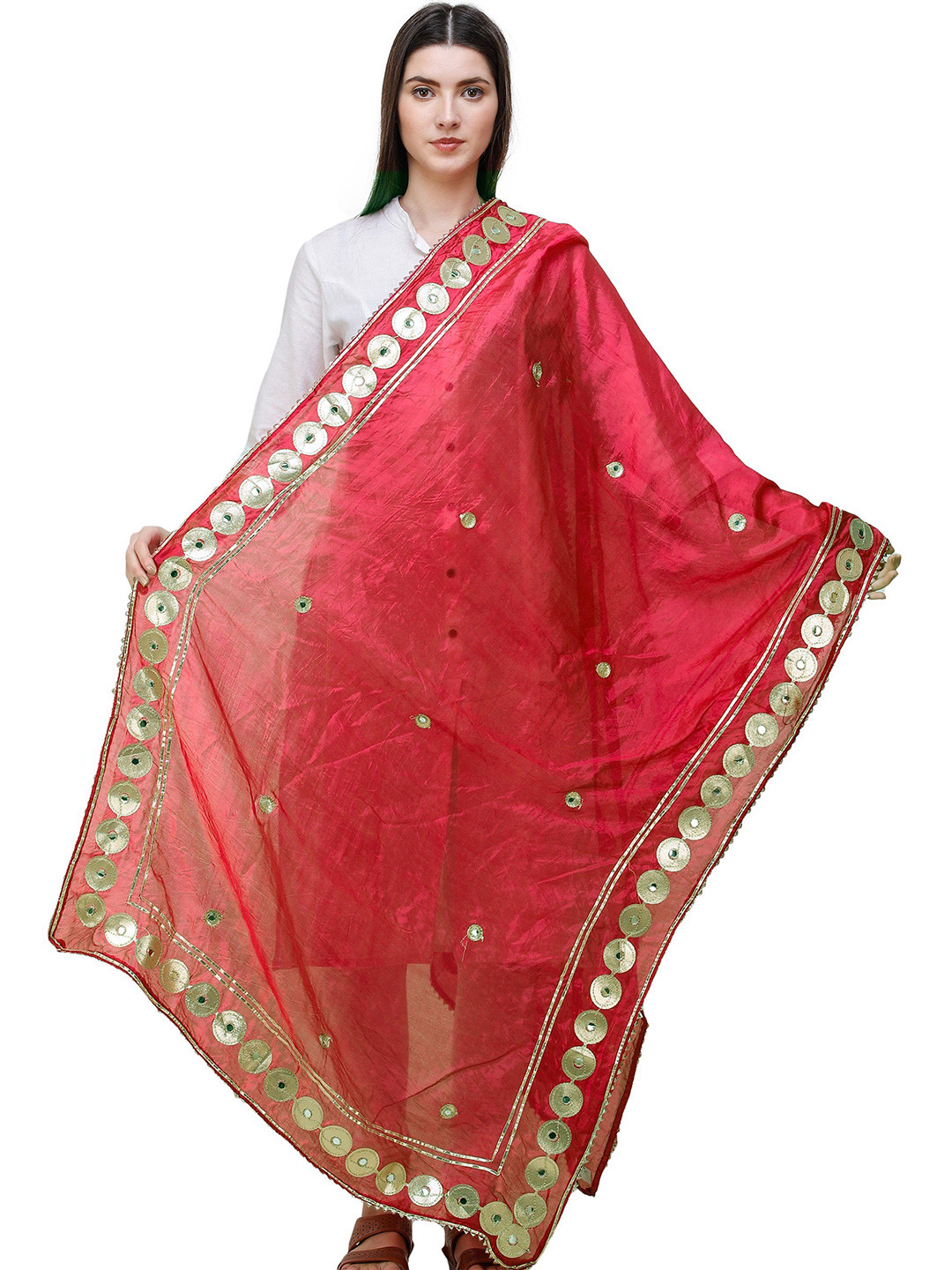 Exotic India Bright Rose Art Silk Dupatta and Embellished with Patch Border