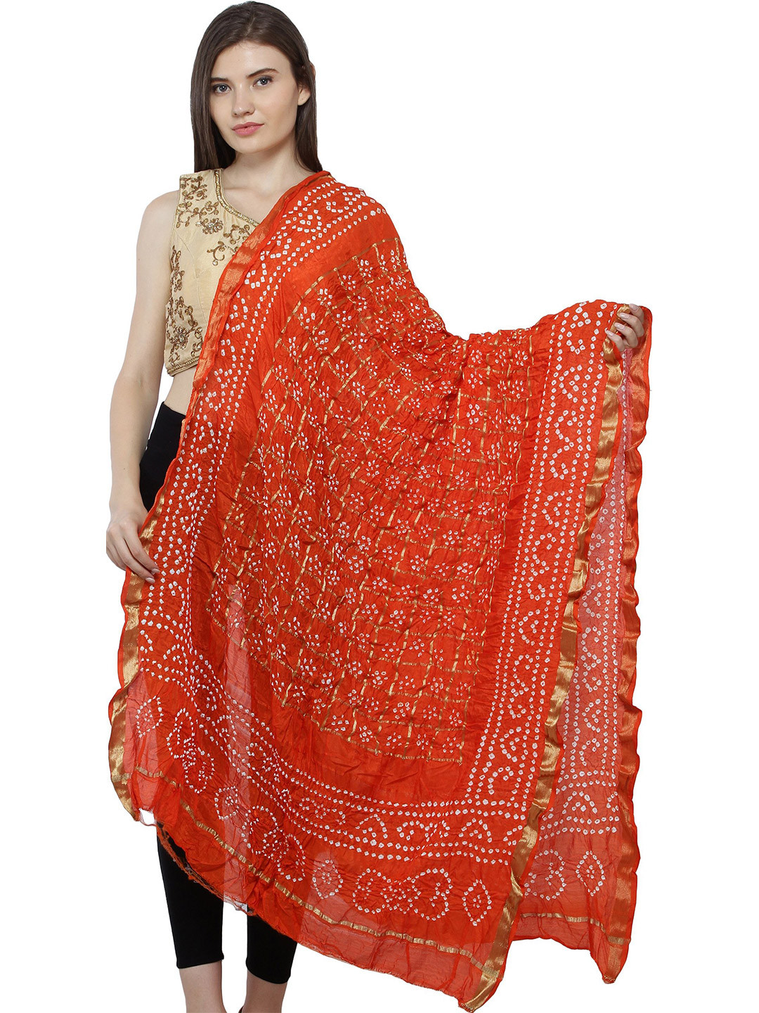 Exotic India Spicyorange Bandhani Tie-Dye Gharchola Silk Dupatta with Golden Thread Weave