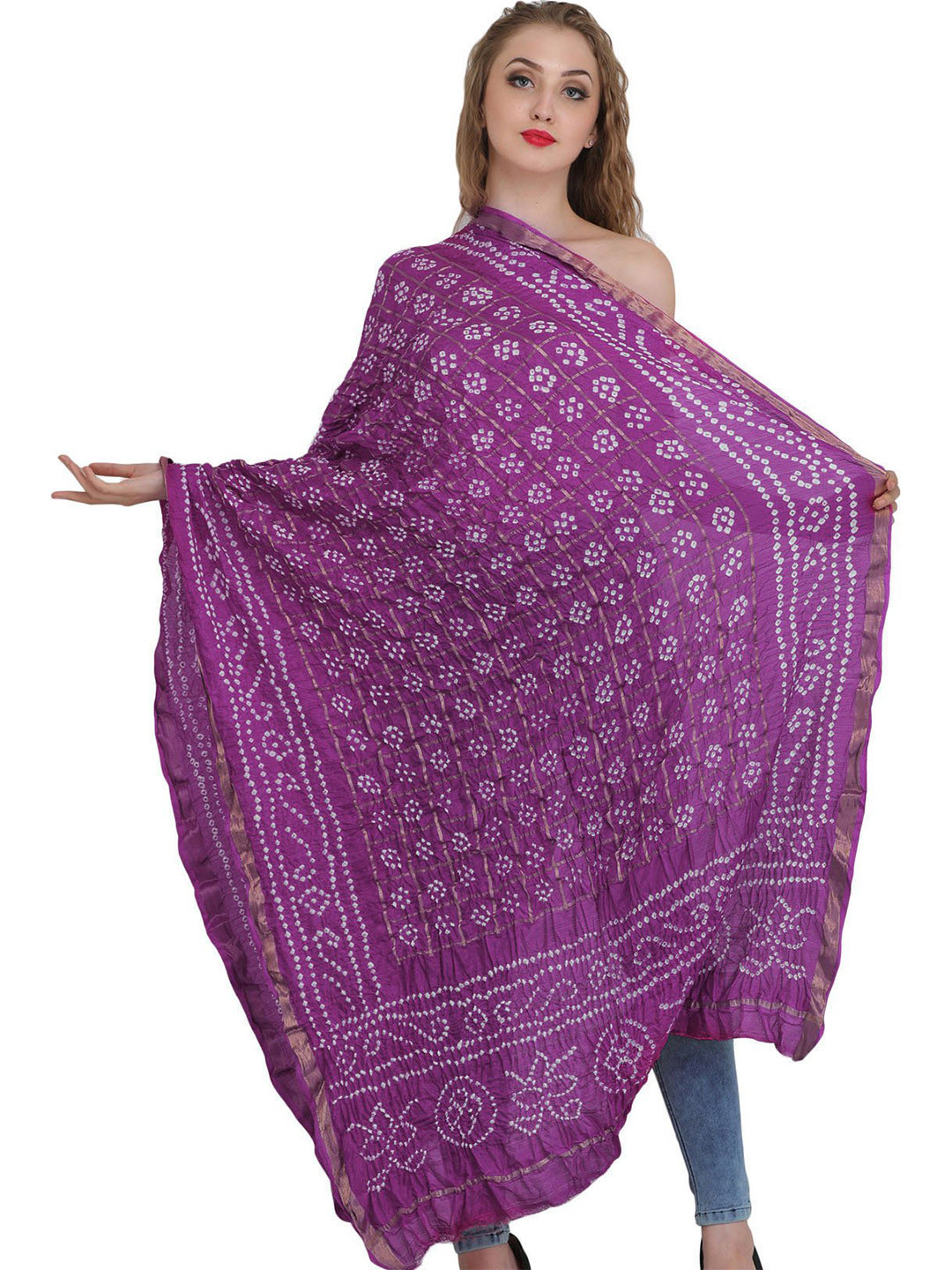 Exotic India Wild Aster Bandhani Tie-Dye Gharchola Silk Dupatta with Golden Thread Weave