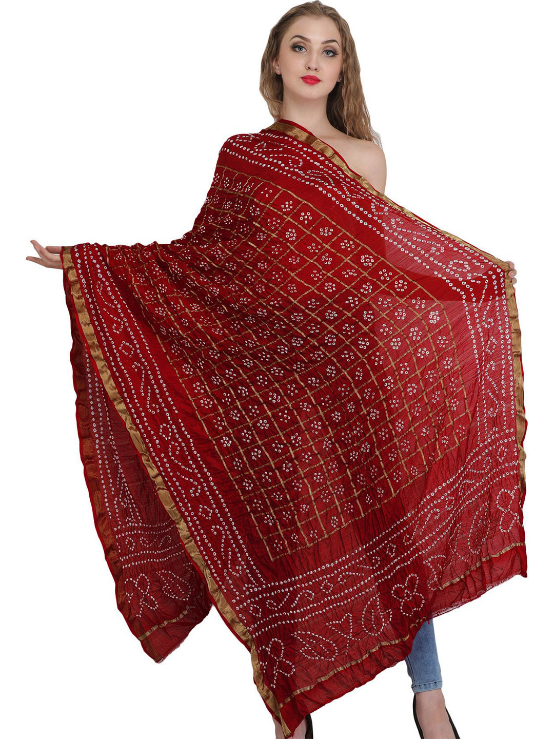 Exotic India Rococco Red Bandhani Tie-Dye Gharchola Silk Dupatta with Golden Thread Weave
