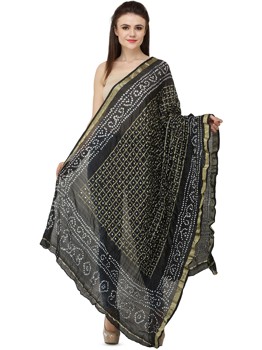 Exotic India Caviar Black Bandhani Tie-Dye Gharchola Silk Dupatta with Golden Thread Weave