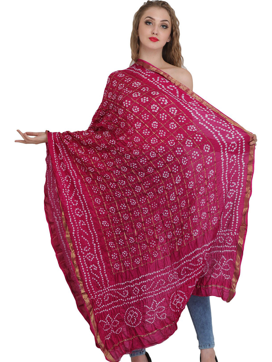 Exotic India Magenta Pink Bandhani Tie-Dye Gharchola Silk Dupatta with Golden Thread Weave