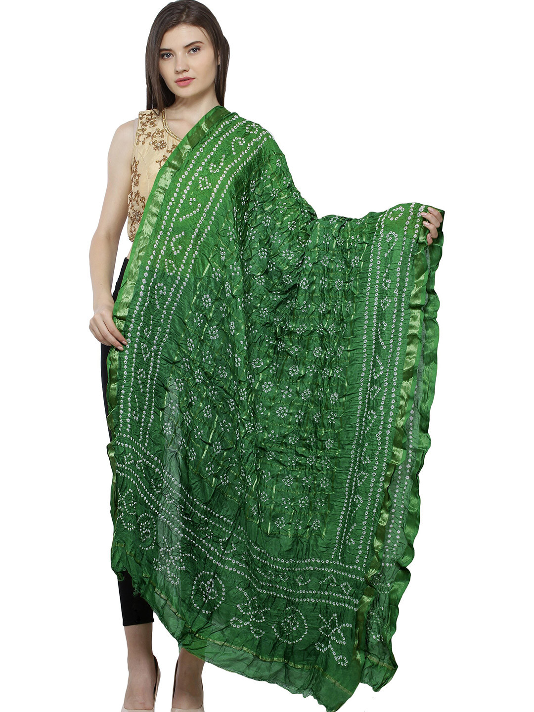 Exotic India Green Lake Bandhani Tie-Dye Gharchola Silk Dupatta with Golden Thread Weave
