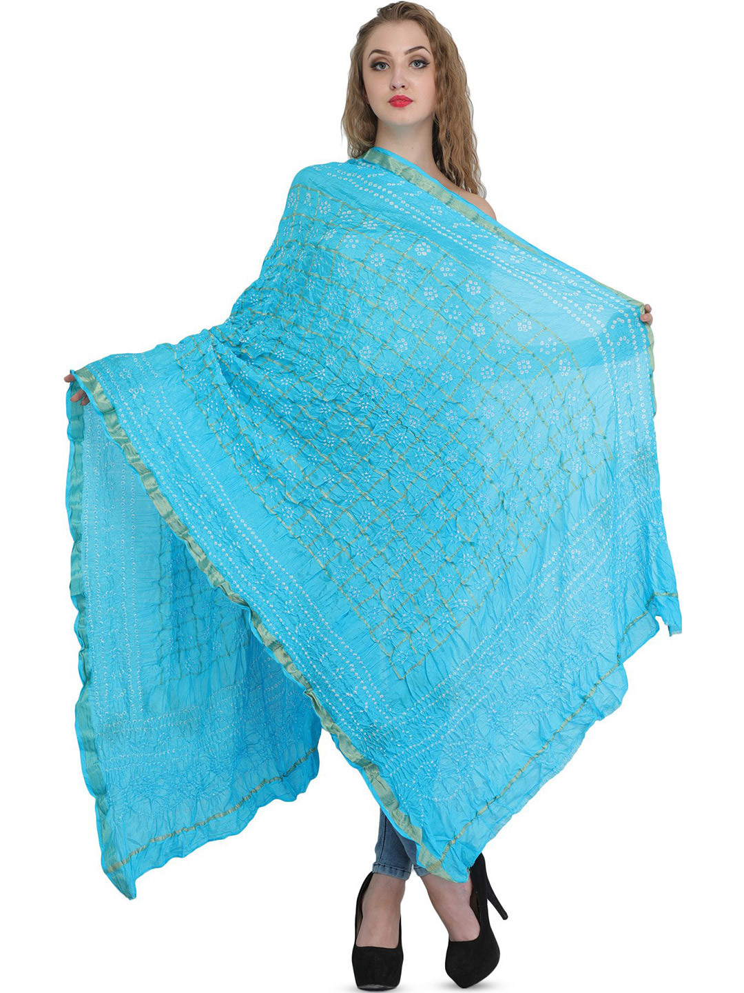 Exotic India Batton Blue Bandhani Tie-Dye Gharchola Silk Dupatta with Golden Thread Weave