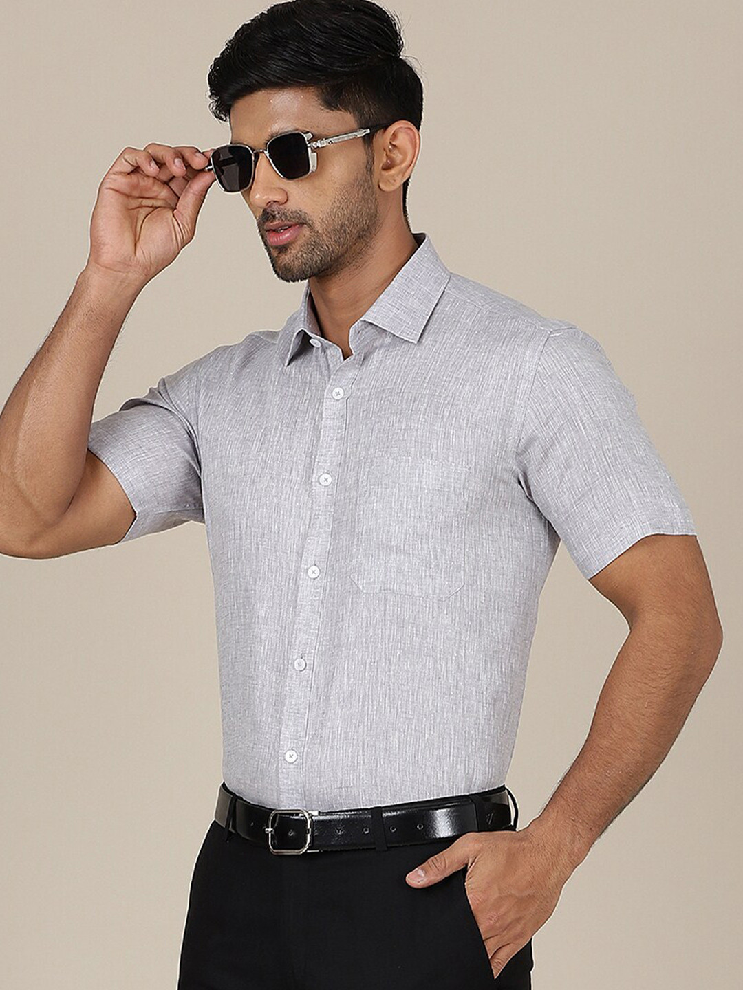 JADE BLUE Spread Collar Short Sleeves Linen Formal Shirt