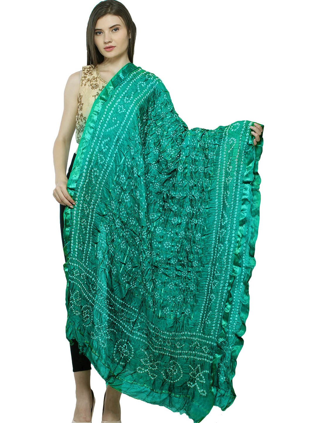 Exotic India Dynasty Green Bandhani Tie-Dye Gharchola Dupatta with Golden Thread Weave