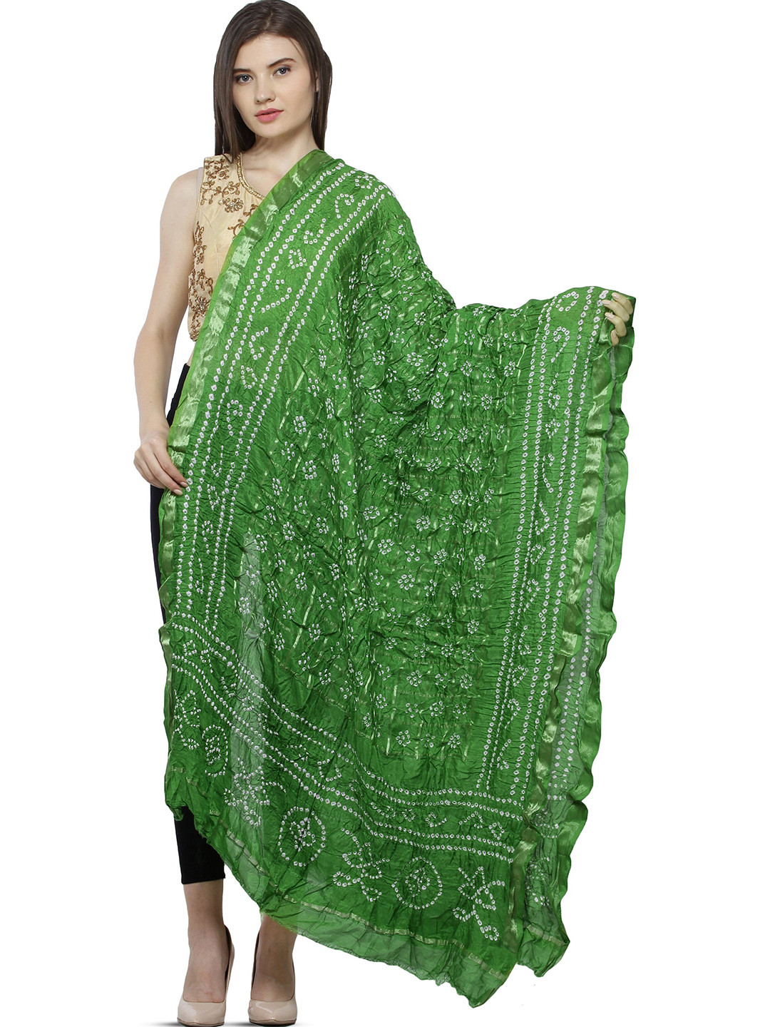 Exotic India Fern Green Bandhani Tie-Dye Gharchola Silk Dupatta with Golden Thread Weave