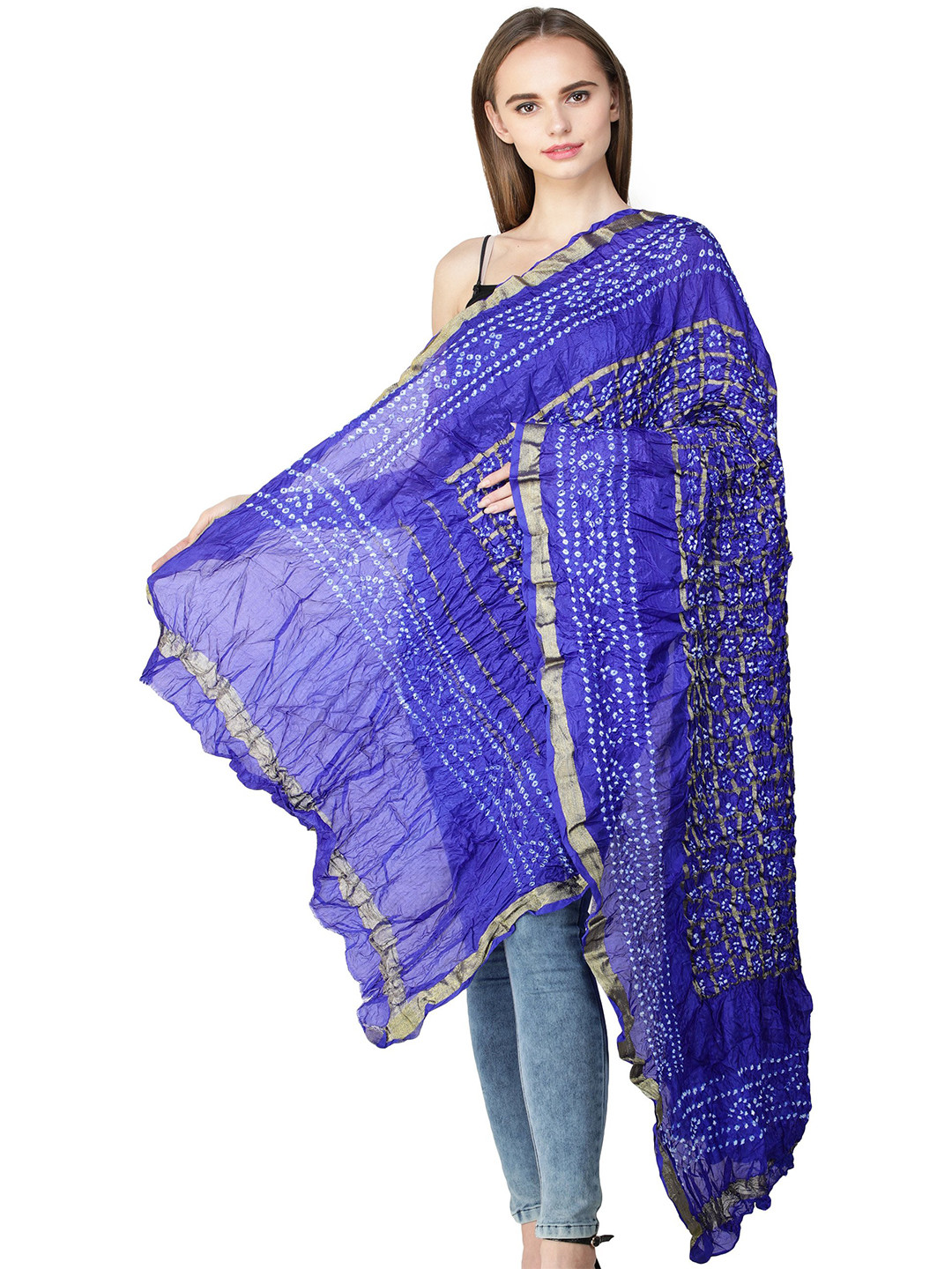 Exotic India Medium Blue Bandhani Tie-Dye Gharchola Silk Dupatta with Golden Thread Weave