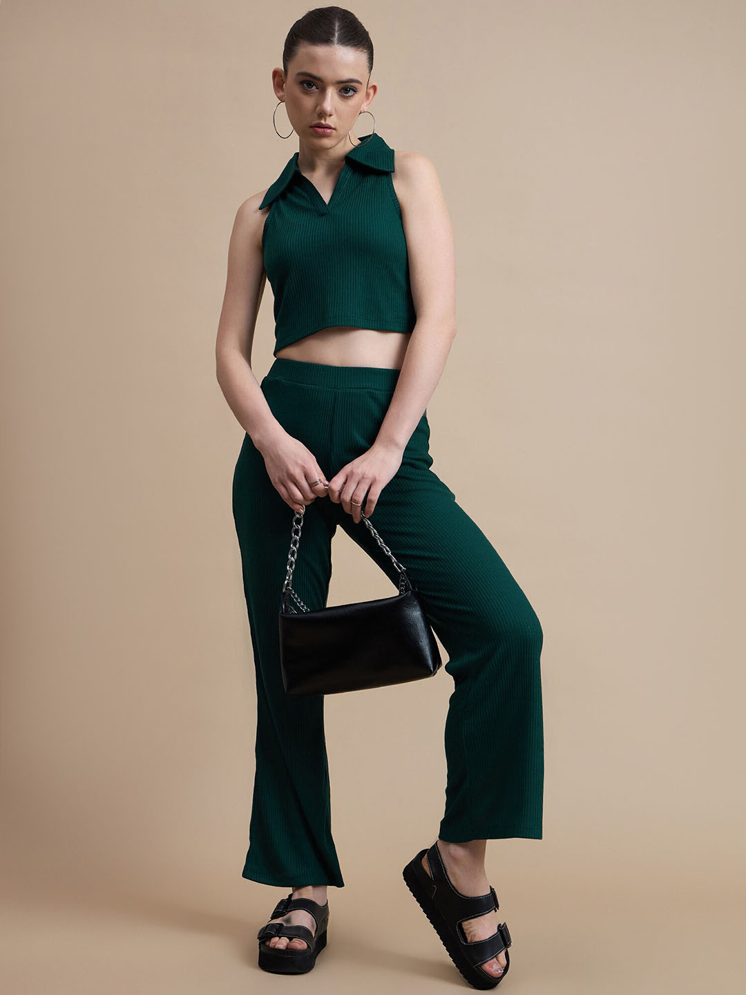 The Roadster Lifestyle Co. Green Ribbed  Spread Collar Pure Cotton Crop Top With Trousers