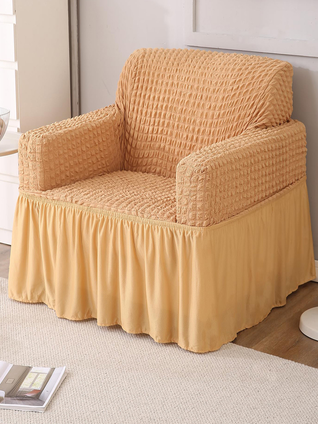 HOKIPO Brown Stretchable Bubble Frill 1 Seater Sofa Cover